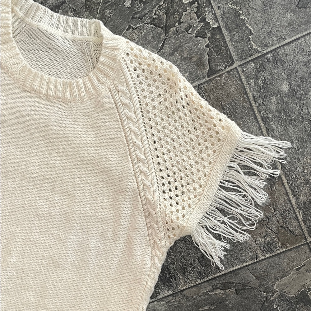 Boho Fringe Crochet Sleeve Knit Coastal Whimsical Fairy Crewneck Women’s Sweater
